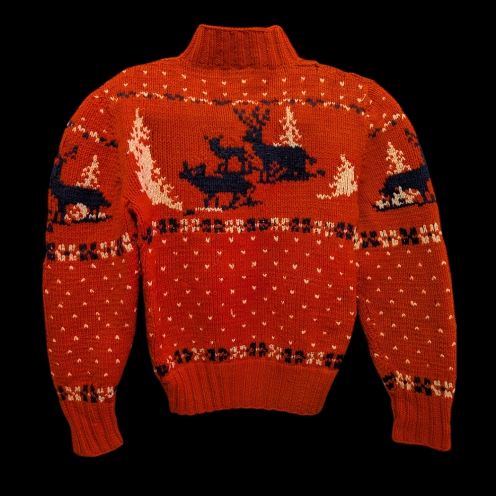 Cozy Vintage 50s 60s HANDKNIT Red Reindeer Mockneck Chunky Sweater Small- Medium